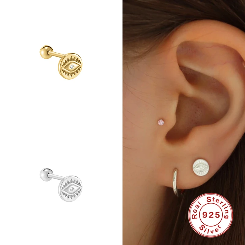 

GS 925 Sterling Silver Evil Eye Circle Brand With Diamond Piercing Cartilaginous Stud Earrings For Women Gifts Fine Jewelry