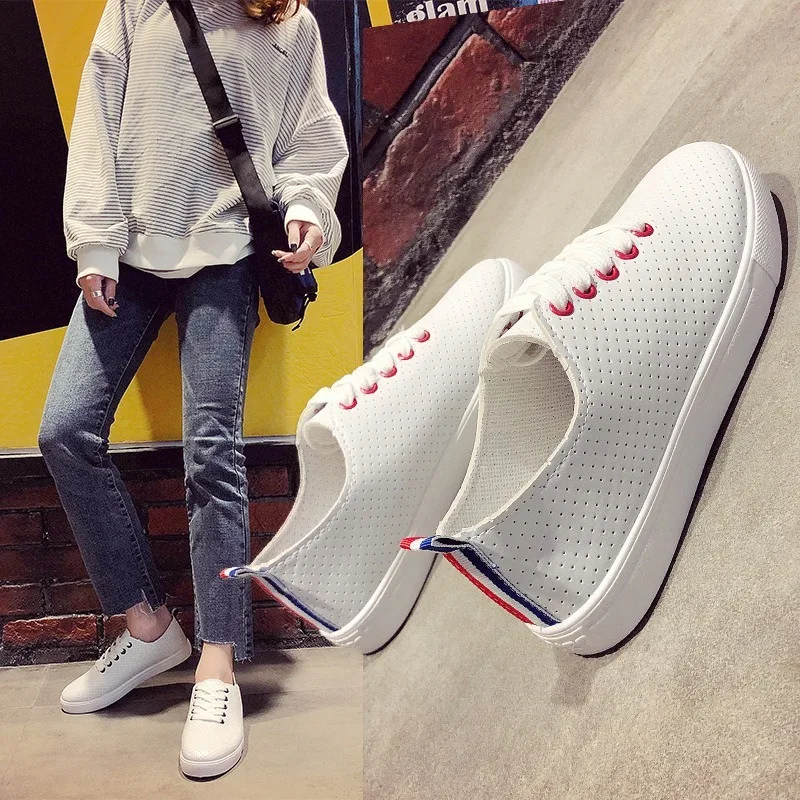 White Sneakers Women 2020 Spring Autumn New Chunky Shallow Lace Up Flat Shoes Woman Breathable Casual Sports Shoes-woman