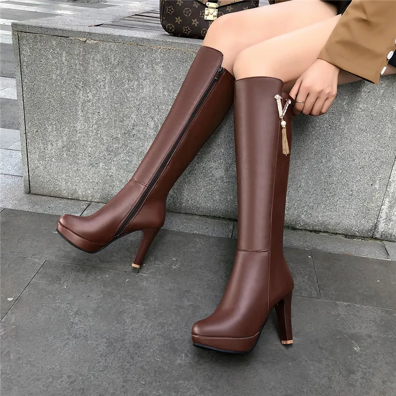 ANNYMOLI Winter Knee High Boots Women Crystal Platform Thick Heels Tall Boots Zipper Super High Heel Shoes Female Big Size 33-43