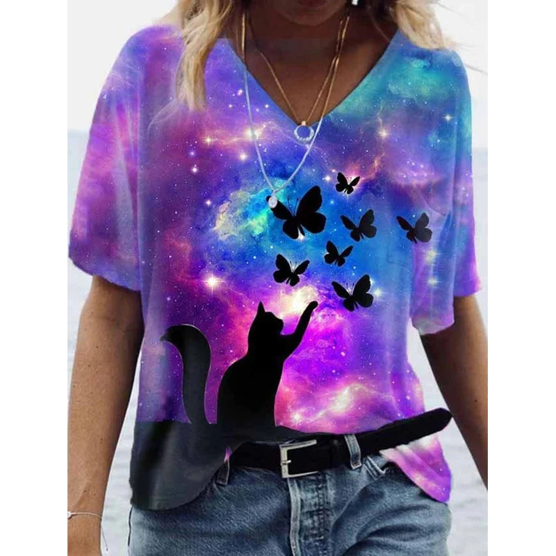 原宿ストリートtシャツ夏ヴィンテージプリントは、女性のカジュアル半袖vネックプラスサイズのtシャツファム女性服