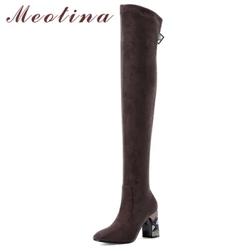 

Meotina Winter Thigh High Boots Women Genuine Leather Zip Thick Heel Over The Knee Boots Slim Stretch Super High Heel Shoes Lady