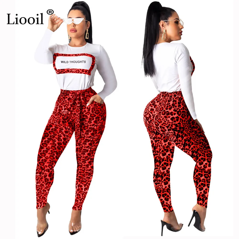 Liooil/спортивный комплект из двух предметов с леопардовым принтом и буквенным принтом; женский спортивный костюм; сезон осень года; пикантные комплекты из футболки с длинными рукавами и длинных брюк