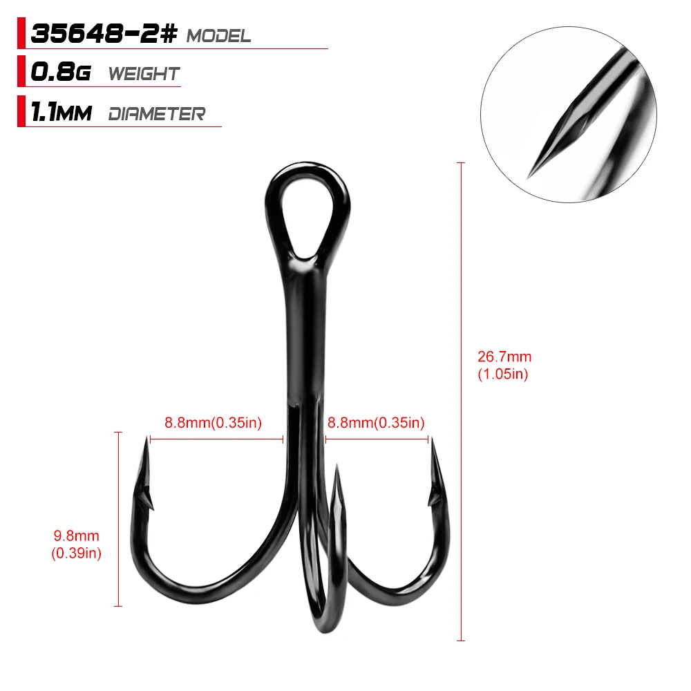 High Carbon Steel Treble 50Pcs Fishing Hooks Set Black Round