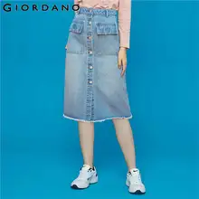 Giordano Для женщин юбка хлопок застежка на пуговицах половина разрез джинсовая юбка в складку с несколькими карманами Jupe Femme 99469042