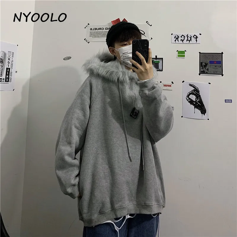 NYOOLO, винтажный уличный меховой воротник, утолщенные теплые толстовки, Осень-зима, свободный плюс бархатный пуловер, толстовка с капюшоном, женские и мужские топы