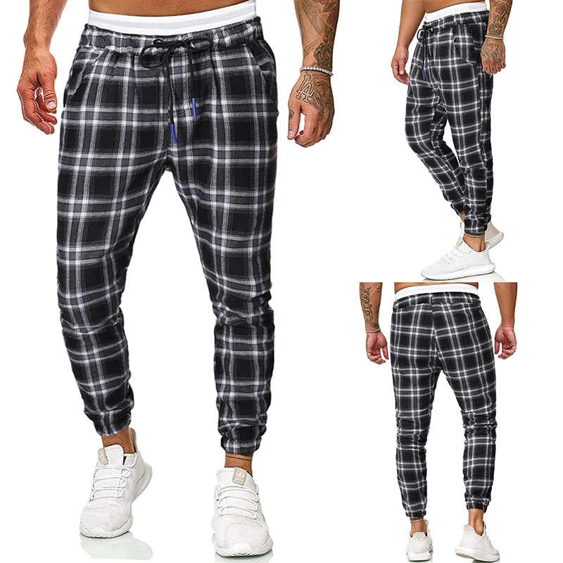 SHUJIN мужские уличные клетчатые брюки Мужчины Весна Осень Slim Fit Drawstring Спортивные Брюки с карманами спортивные брюки повседневные длинные брюки