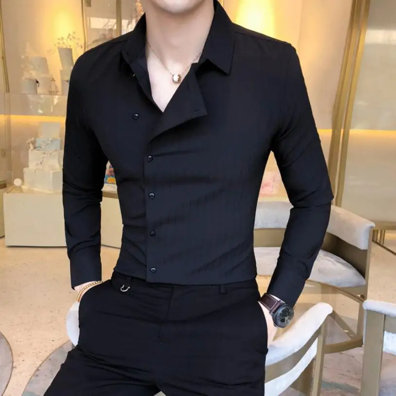 Брендовая одежда, Весенняя модная мужская Повседневная рубашка в полоску из чистого хлопка, деловая рубашка/Мужская Высококачественная тонкая рубашка с отворотом и длинным рукавом - Цвет: Черный