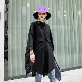 

Women's solid color back stitching cutout long shirt summer Nine-Point sleeve stand collar large size loose casual fashion shirt