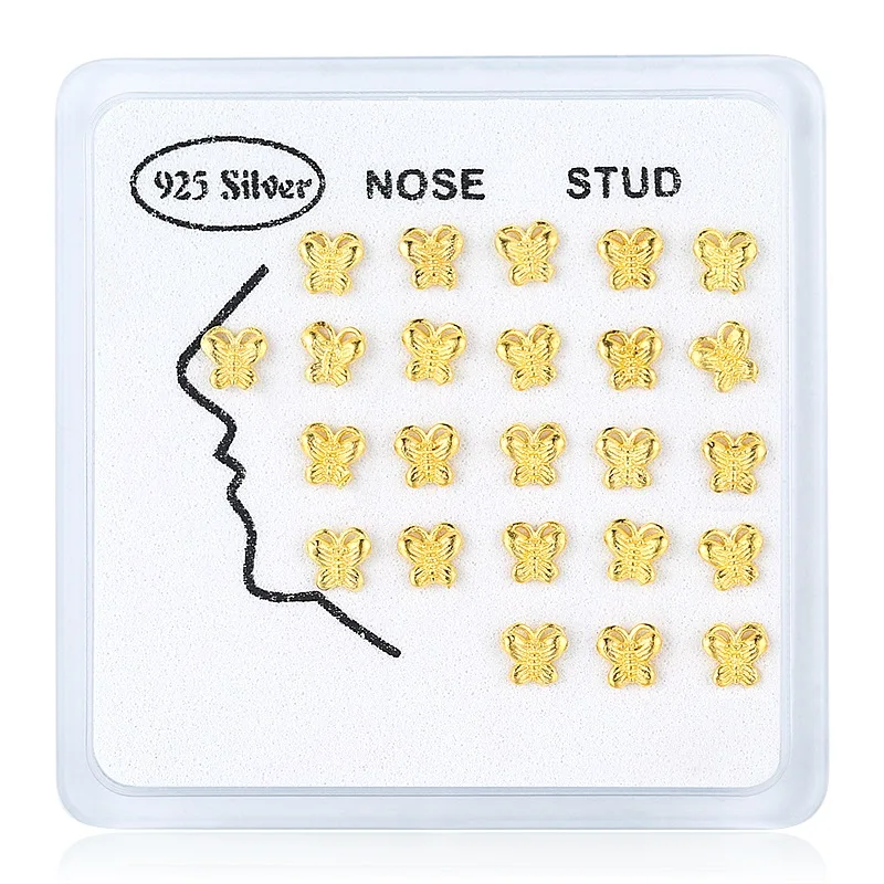 

24pcs/ box 925 sterling silver Dainty Gold butterfly nose stud charm vintage body piercing jewelry For Women girls Wholesale new