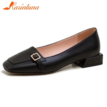 

Karinluna New Arrivals Genuine Cow Leather Slip-On Casual Shoes Woman Pumps Chunky Heels Buckle Decoration Pumps Women Shoes