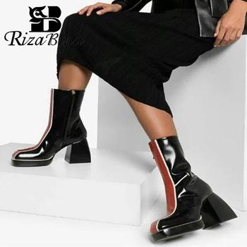 

RIZABINA Women Real Leather Mid Calf Boots Square Toe Thick High Heel Zipper Striped Winter Shoes Ladies Footwear Size 33-43