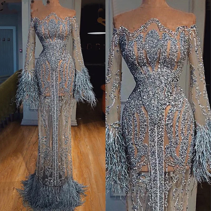 See Through Feathers Sequined Prom Dresses Dubai Illusion Long Sleeve Luxury Mermaid Evening Gowns Special Occasion Dress