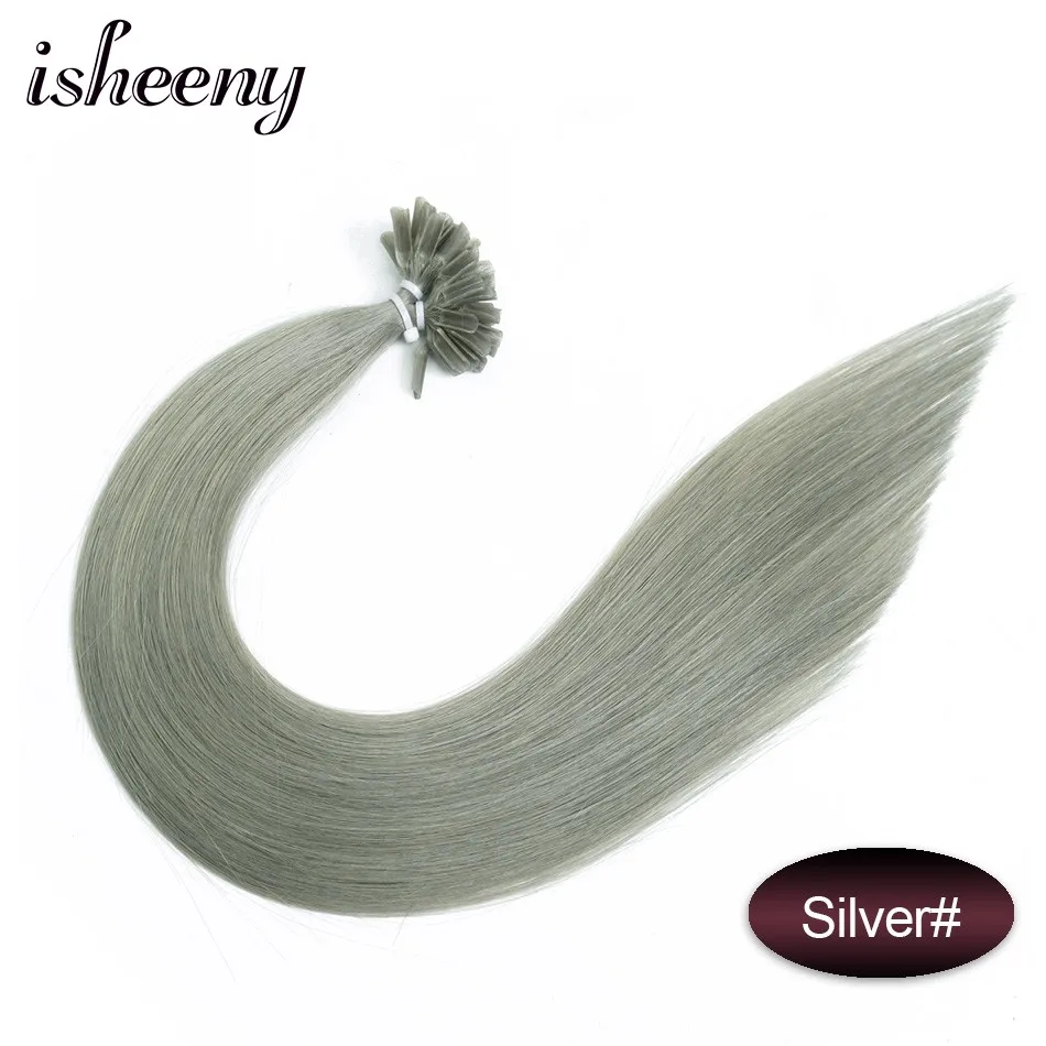 Isheeny, 12 дюймов, 14 дюймов, 18 дюймов, 20 дюймов, 22 дюйма, накладные волосы, 0,5 г, Remy, u-образные, прямые, предварительно склеенные человеческие волосы на застежке - Цвет: # Серебро