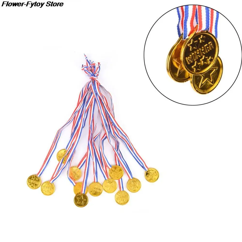 

12 X Children Gold Plastic Winners Medals Sports Day Party Bag Prize Awards Toys For Party Decor