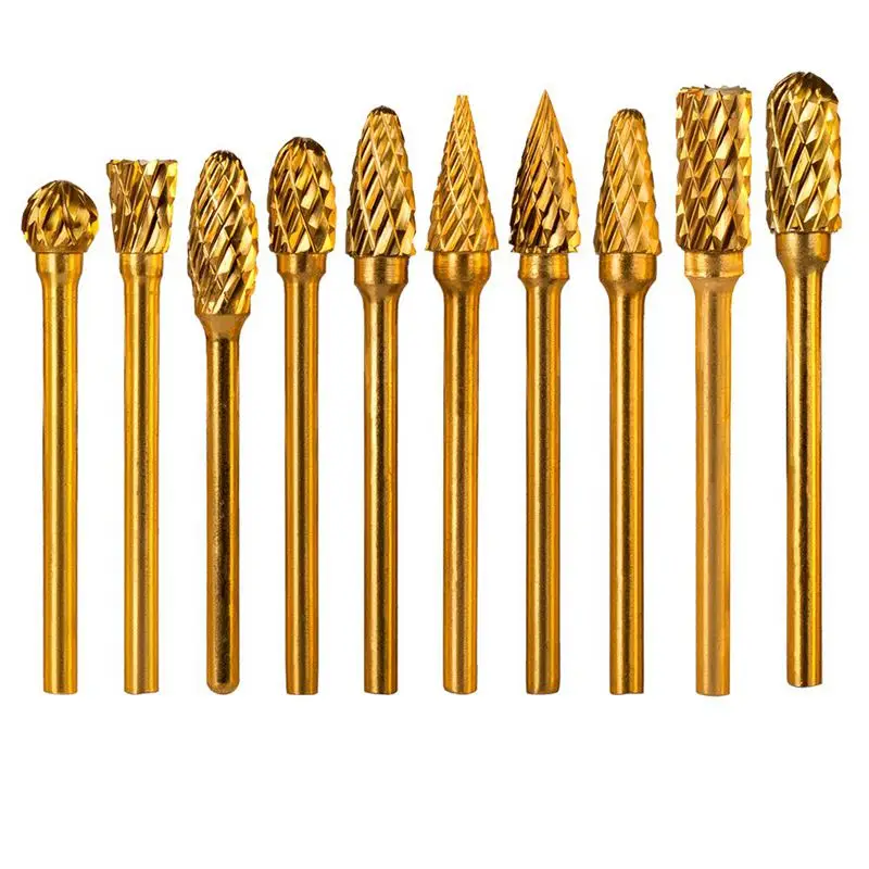 

ABSF Double Cut Titanium Carbide Rotary Burr Set -10 Pieces 1/8 Inch (3Mm) Shank And 1/4 Inch (6 Mm) Head Sizetungsten Steel,For
