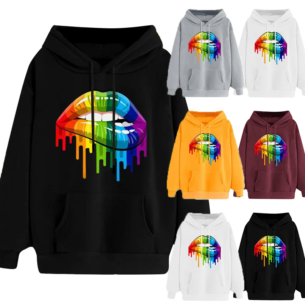 

3d Print Hoodies Rainbow Lip Punk Sweatshirt Autumn Long Sleeve Yellow Hoodies Women Hoodie Grey Pocket Hooded Sweatshirts