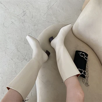 

Beige 2020 INS Women Block High Heels Long Boots Lady Riding Boots Warm Winter Designer Square Toe Pastel Knee Thigh High Boots