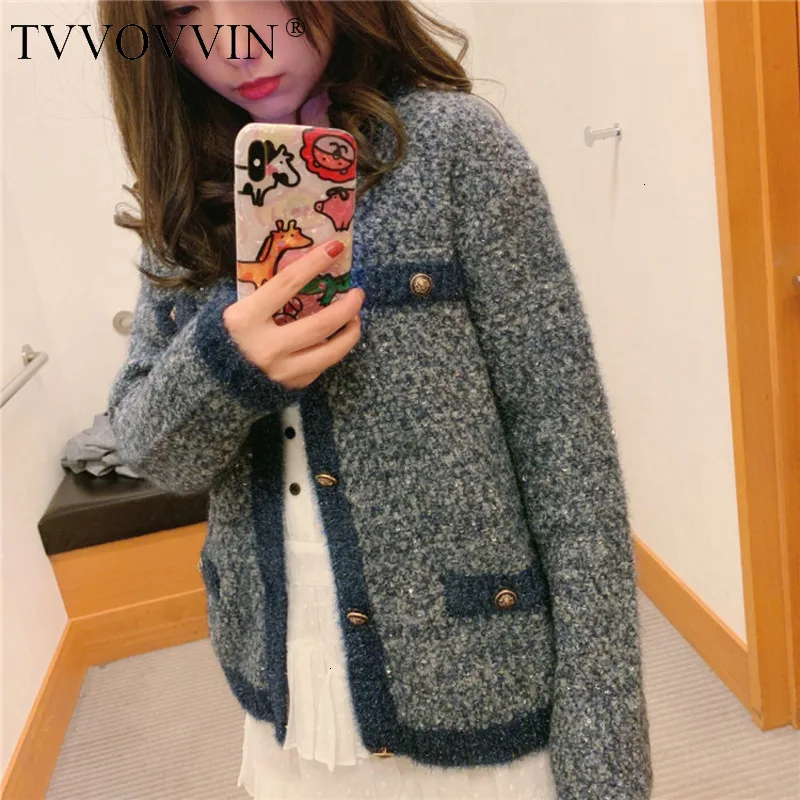 TVVOVVIN Ранняя осень смешанные цвета тонкий тип плюшевый круглый вырез оба кармана Свободное пальто вязание короткий свитер L342