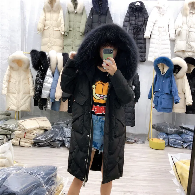 Стиль пуховик женский средней длины корейский стиль Dongdaemun ультра большой меховой воротник толстое повседневное пальто