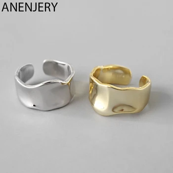 

ANENJERY Irregular Smooth Wide Opening Ring 925 Sterling Silver Geometric Concave Convex Wave Ring For Women S-R578