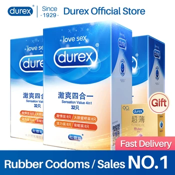 Durex-condones lubricados ultradelgados para hombres, 4 tipos de sensación, productos sexuales, goma Natural, látex, funda para pene 1