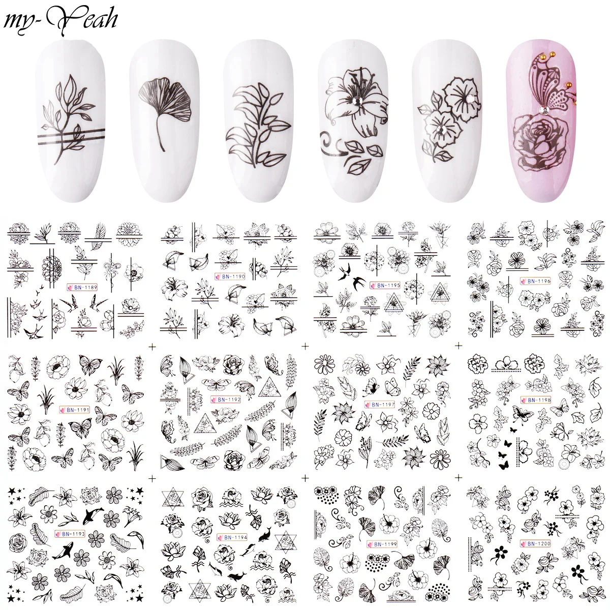 12Pcs Nail Art Flower Butterfly Series Black Water Transfer Stickers 3D DIY Watermark Decals Manicure Decoration Home | Красота и
