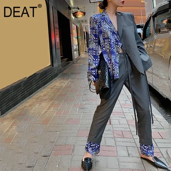 

DEAT Stitching Printing Lace Irregular Woman Suit Jacket Pants Casual Suit Personality Fashion 2020 Autumn Winter New TV063