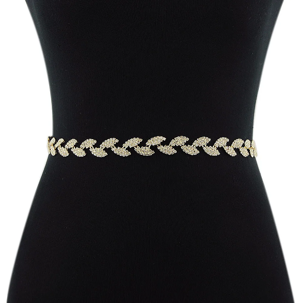 TRiXY S198-G Golden Bridesmaids Belt Bridal Sash Belt Gold Diamond Bling Skinny Belt Women's Gold Beaded Belt Wedding Dress Belt