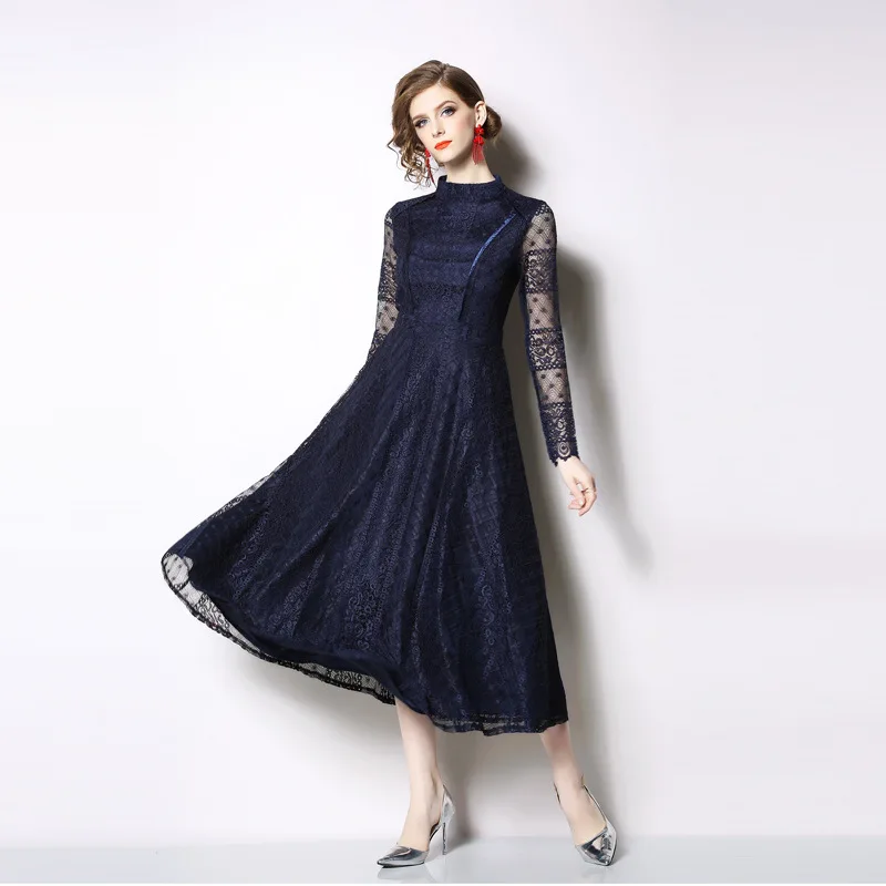 

Luxury Lace Patchwork Hollow Out Women Long Dress 2019 Spring Fashion Elegant Slim Ladies Evening Party Anniversary Dresses