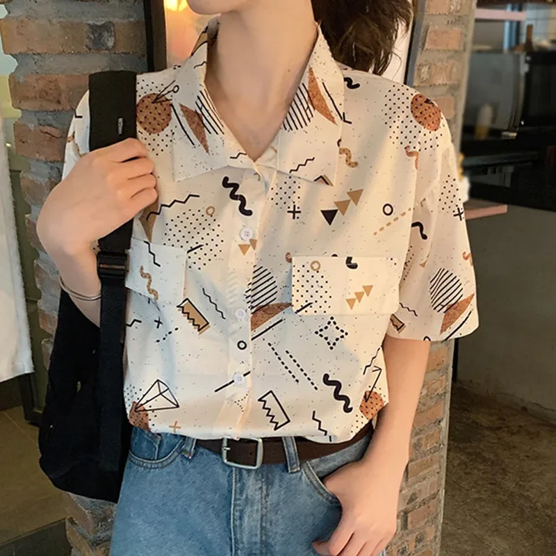 

Women Blouse Summer Turn-down Collar Fashion Shirt Casual Loose Print Pattern Short-Sleeve Shits Blusas Mujer
