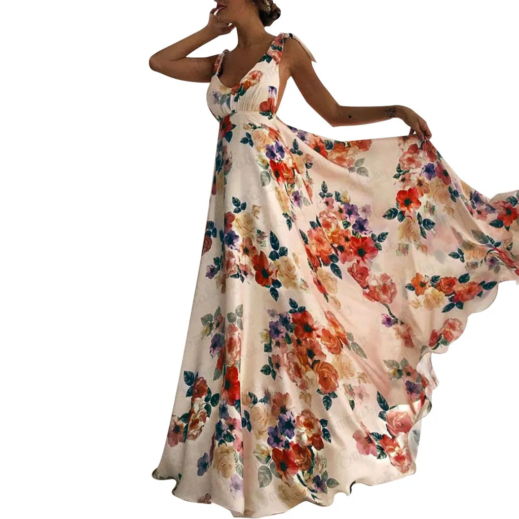 Women Dresses Summer Sexy Maxi Boho Style Print Party Dress Deep V Neck Backless Long Dress Vestidos Summer Beach Sundress