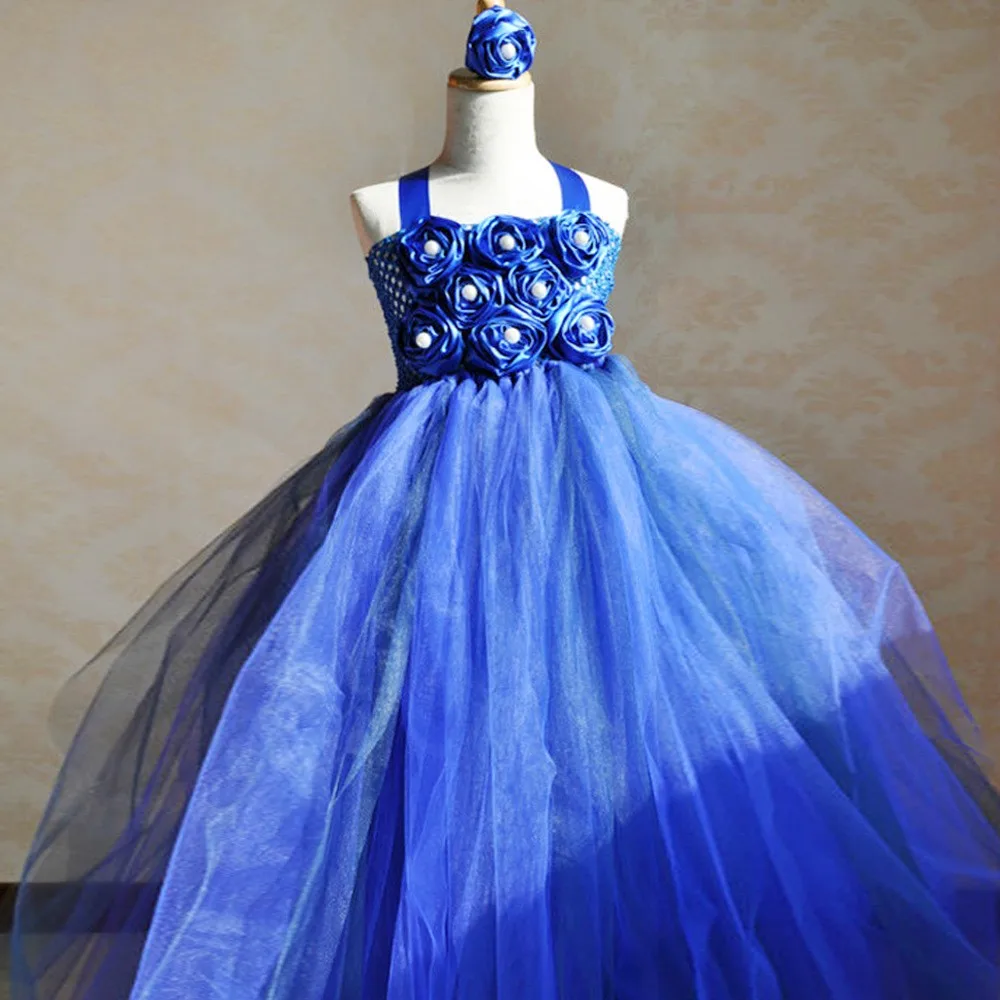 Girls Royal Blue Flower Tutu Dress Kids Tulle Dress Ball Gown With