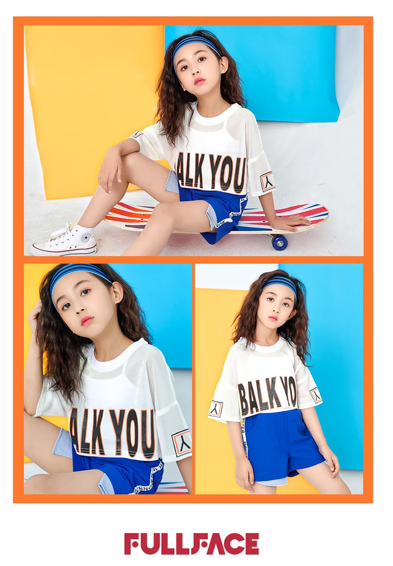 Children White Jazz Dance Costumes Girls Letter Crop Top Blue Shorts Dance Sets Hip Hop Modern Party Stage Outfits (31)