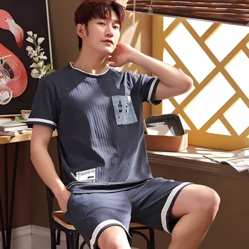 

Outer Wear Pajamas Men's Summer Short Sleeve Pure Cotton Thin Casual Loose-Fit Korean-style Men Home Wear Large Size Summer Set