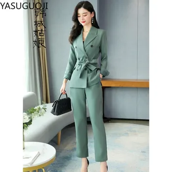 

YASUGUOJI New Style Green Business 2 Piece Pant Suits for Women Work Formal Office Blazer Set Belt Uniform Design Trouser Wear