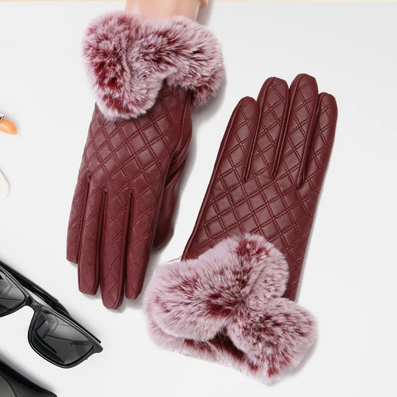 Зимние перчатки с натуральным кроличьим мехом, женские перчатки из натуральной кожи, зимние перчатки с сенсорным экраном, модные варежки