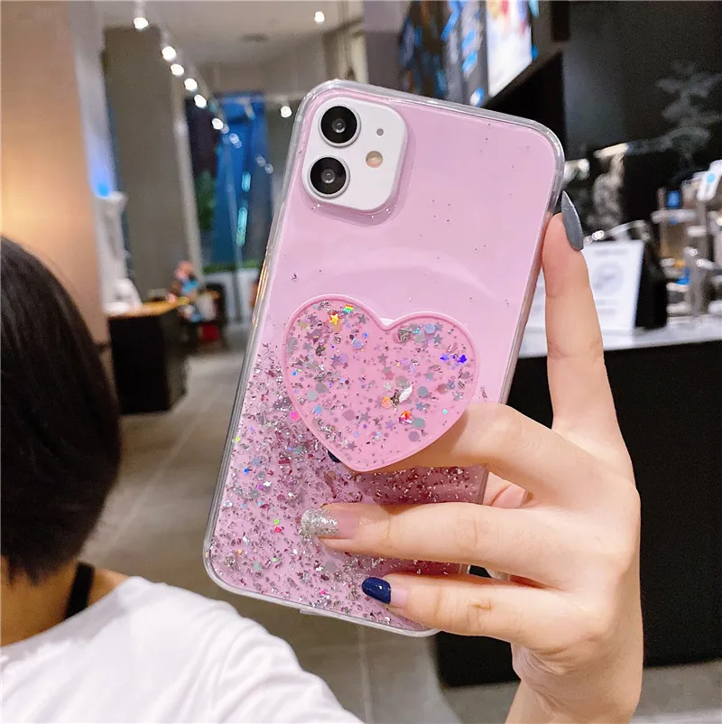 Glitter Star Bling Case For OPPO A15 A72 A53 A5 2020 Reno 4 2 2Z Realme 7 6 5 Pro X2 C3 Clear Back With Heart Stand Holder Cover a cases for oppo phones Cases For OPPO