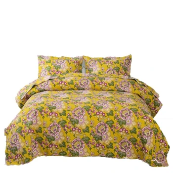 

Fashion color Bed Cover+2 Pcs Pillowcases Pink/Yellow Rafflesia Bedspread Cotton Quilt Garden style Blanket 1.5/1.8m Bed