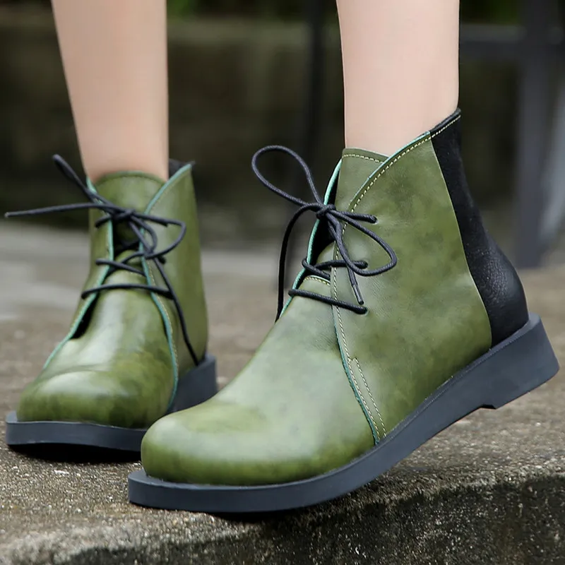 Autumn Women's Martin Boots Ankle Genuine Leather Lacing Women's Boots Flat Bottomed Shoes Color Matching