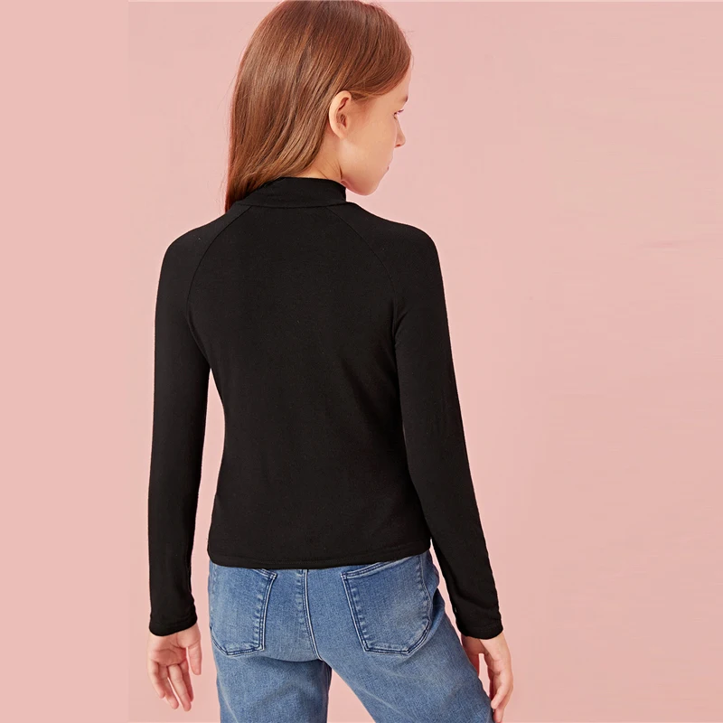 SHEIN Kiddie/черный воротник-стойка, Повседневная футболка с пуговицами, детский топ, г., Осенние однотонные Детские футболки с длинными рукавами