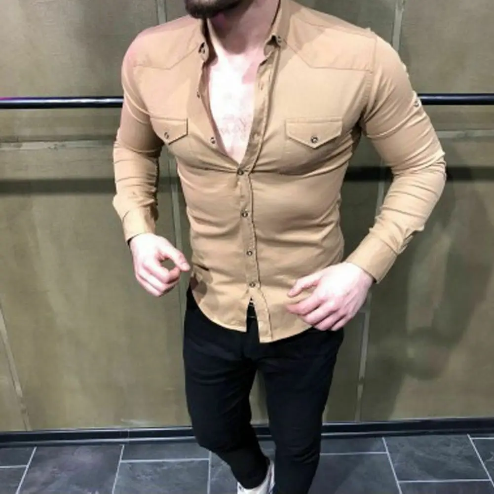 Luxury Mens Blouse Shirt Long Sleeve Slim Fit Formal Casual Shirts Tops - Цвет: Хаки
