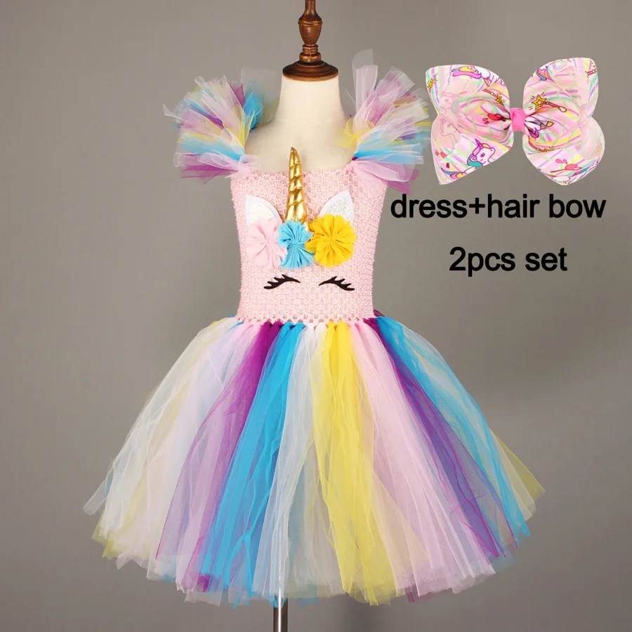 dress and bow Платье-пачка с единорогом для девочек с бантом и крыльями; детское праздничное платье принцессы с цветочным рисунком; детское нарядное бальное платье-пачка с единорогом - Цвет: dress and bow