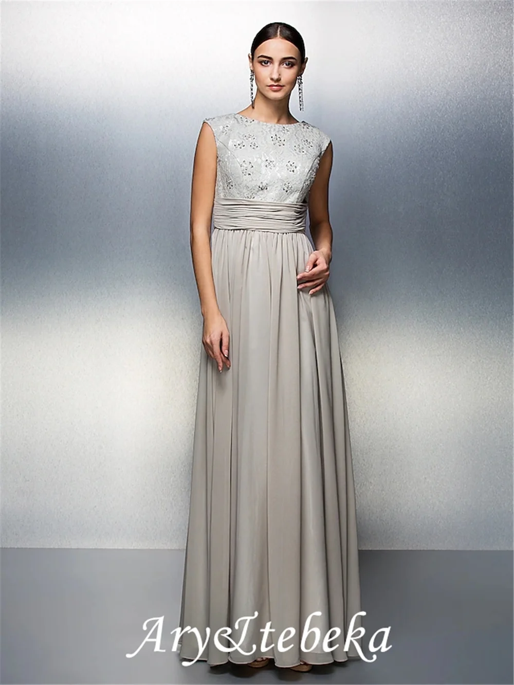 

Sheath / Column Elegant Prom Formal Evening Dress Jewel Neck V Back Sleeveless Floor Length Chiffon with Ruched Beading 2022