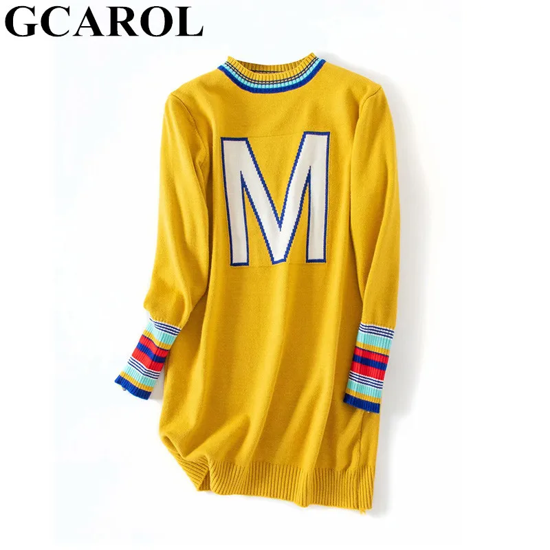 Yellow GCAROL корейский женский жаккардовый длинный свитер с буквенным принтом, тянущийся милый вязаный джемпер контрастного цвета, повседневный вязаный пуловер в уличном стиле - Цвет: Yellow