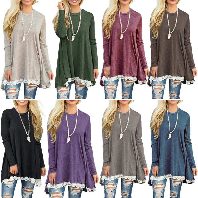 

YUFEI 2600# 8 Colour S-XXL Women Long Sleeve Loose Lace Casual Round Neck Baggy Tunic Tops Swing Mini Dress Plus Size