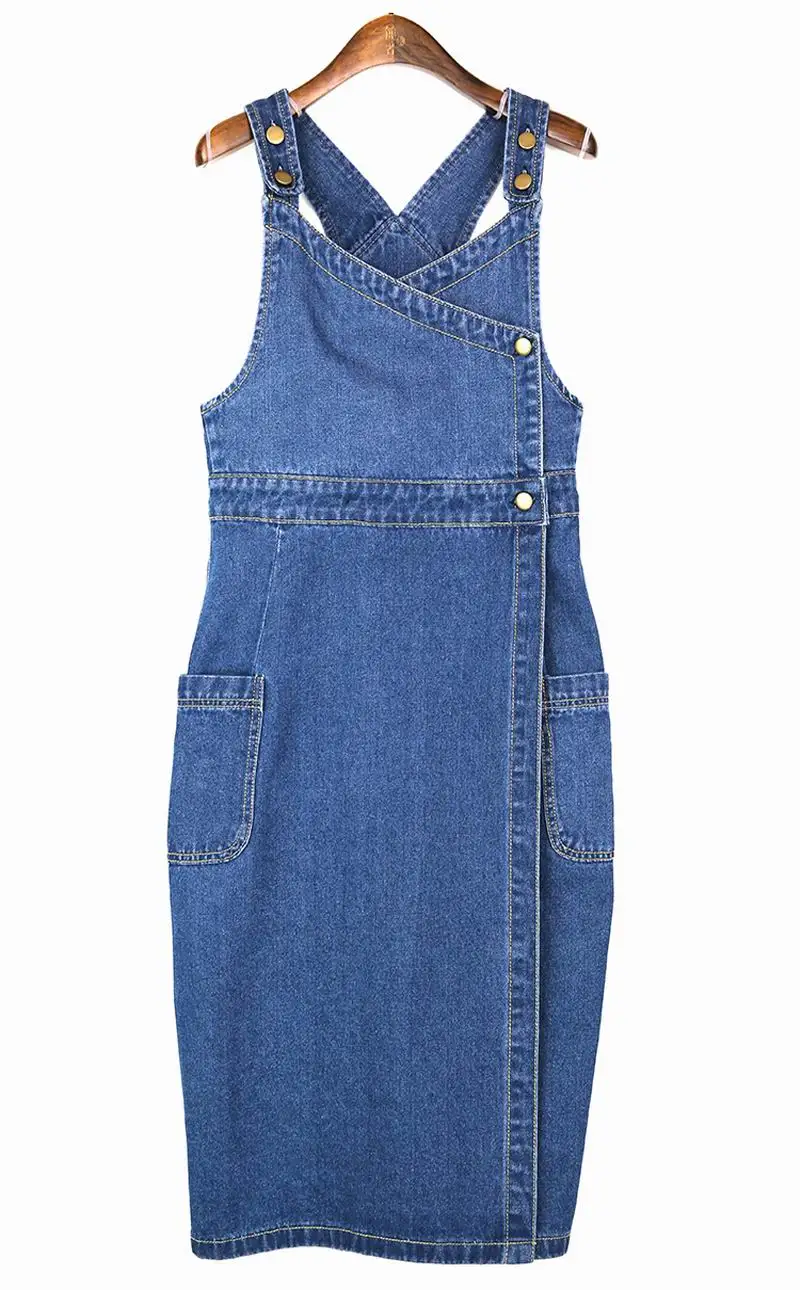 Womens Long Denim Dungaree Overall Dress Jean Pinafore Suspender