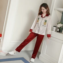 Autumn and winter warm simulation silk ladies pajamas set Long sleeve shirt+trousers 2-piece Pineapple pattern satin sleepwear