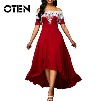 

OTEN Evening Party Short Sleeve Patchwork Lace High Waist Elegant Dresses Women Irregular 2020 Spring Sexy Plus Size Female Robe