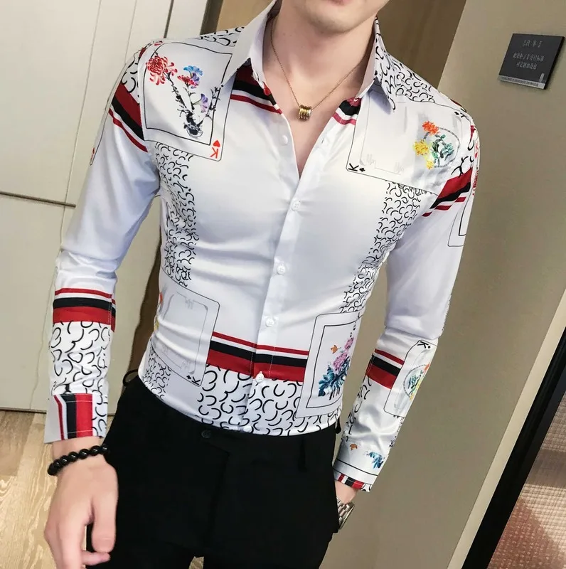 Осень, мужская рубашка с принтом, длинный рукав, Camisa Masculina, высокое качество, Мужская Уличная приталенная рубашка, мужские вечерние рубашки, смокинг