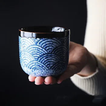 

Retro Tea Cup Under Glazed Painted Tea Bowl Traditional Handmade 80 and 200ml Ceramic Teacup Wave Pattern TeaCup